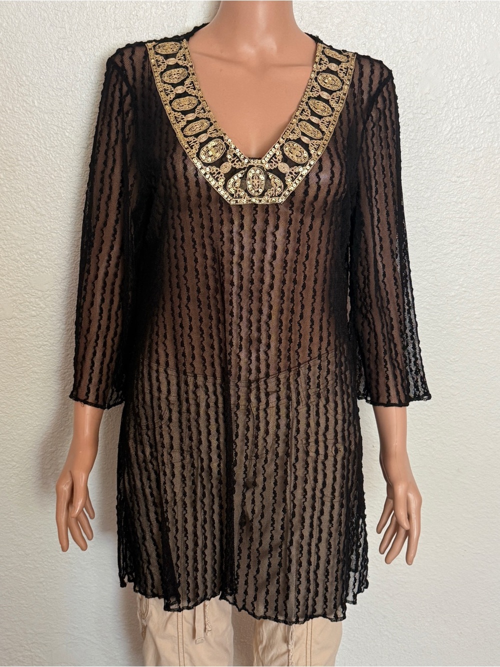 INC Sheer Black Mesh Sequin Tunic Top Gold Embroidered Tunic
